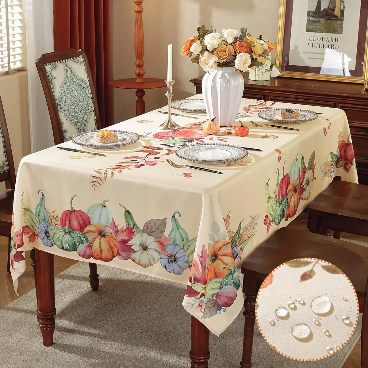 Thanksgiving Autumn Pumpkin Table Cloth Spill Proof Rectangle Tablecloth Dining Room Decoration Durable Tablecloth for Table