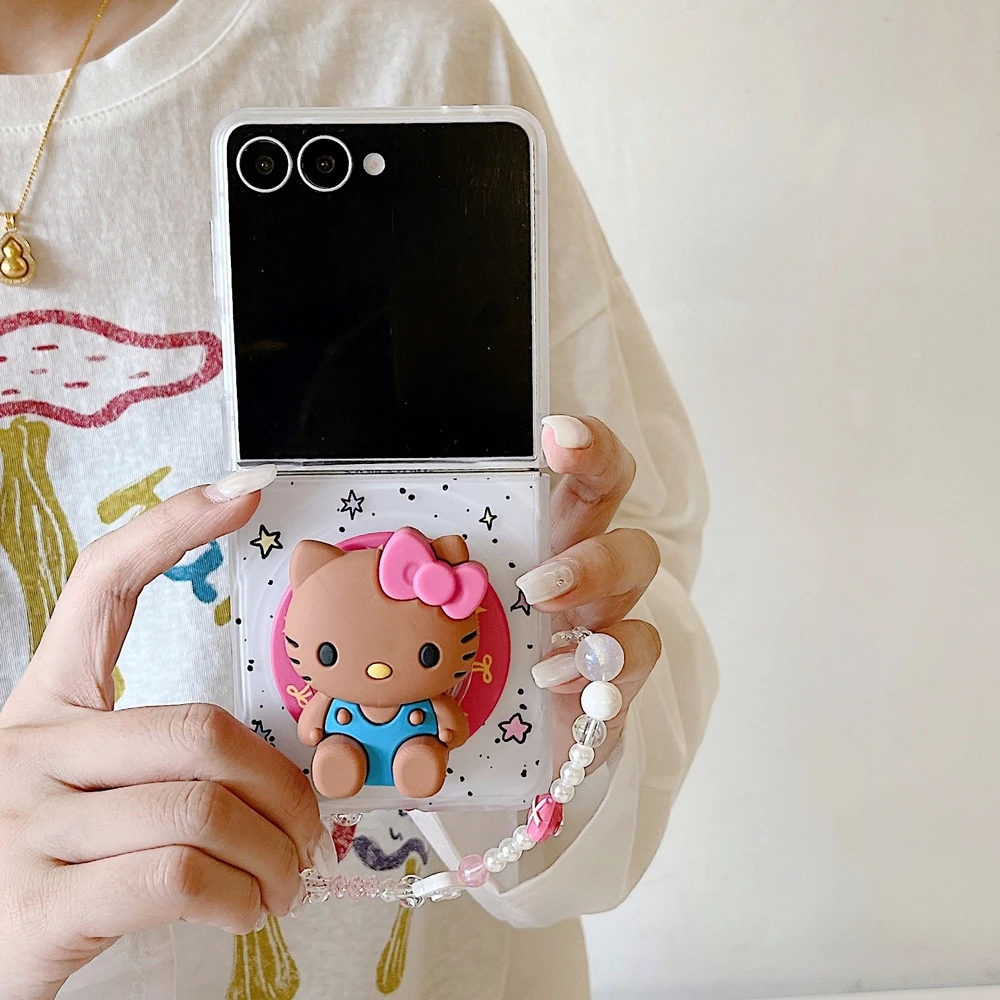 Sanrio Hello Kitty Cute Cartoon Magnetic Grip Holder Magsafe Wireless Charge Phone Case For Samsung Galaxy Z Flip 7 6 5 4  Cover