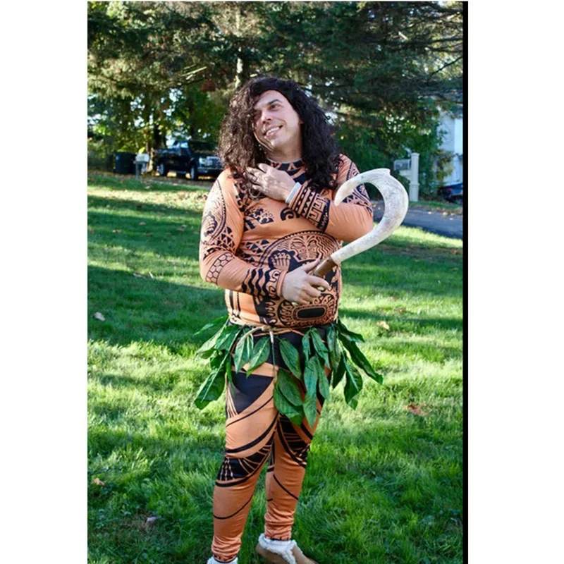 Costume d'Halloween Anime Cosplay Moana Maui pour hommes adultes, accessoires de tatouage, habillage d'Halloween, fournitures de fête, 3 pièces