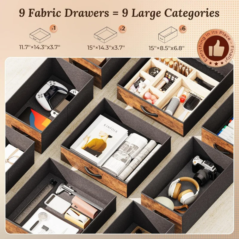 47 Inch Office Desk with Outlets, Computer Desk with 9 Fabric Drawers, Writing Gaming Work Study Desk for Bedroom,