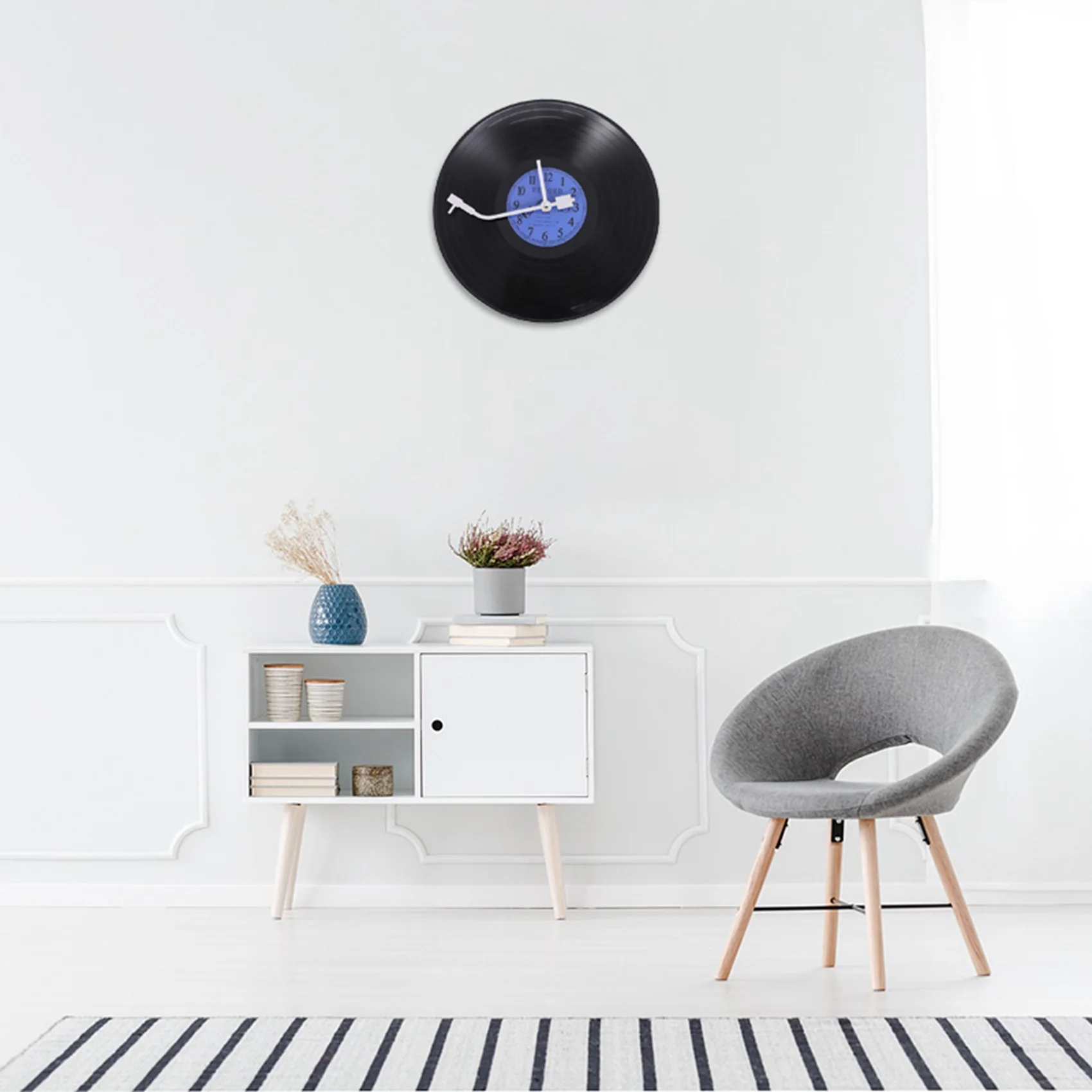 Quartz Round Retro Wall Clock Art Design Kitchen Living Room Home Decoration Vinyl Record Clock Blue + Black Plastic HOT