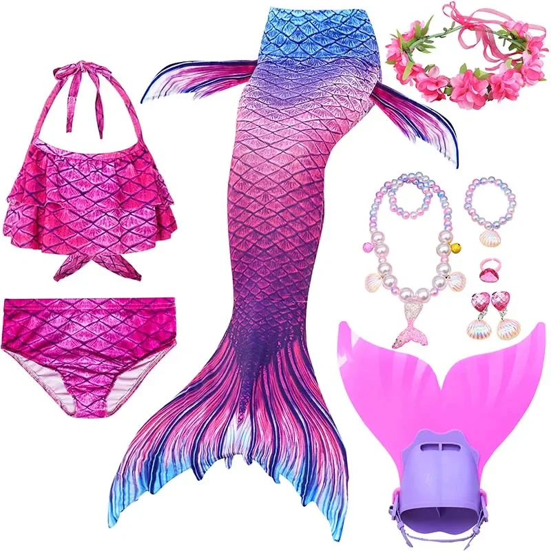 Kids Mermaid Tail for Girls Swimmable Swimming Suit Halloween Costume Swimsuit with Monofin Bikini Dress Necklace Set