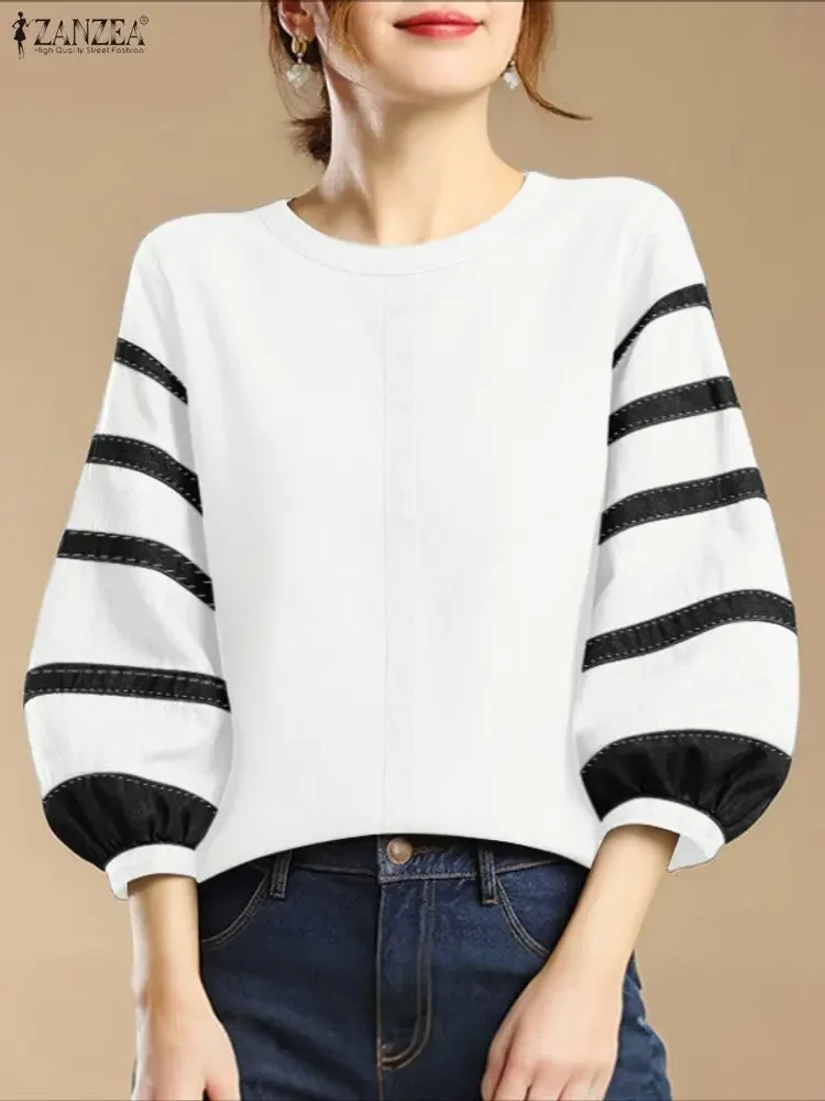 

ZANZEA Autumn Blouse Women Stylish Contrast Color Blouses Elegant 3/4 Lantern Sleeve Work Shirt Casual O Neck Blusas Tunic Femme