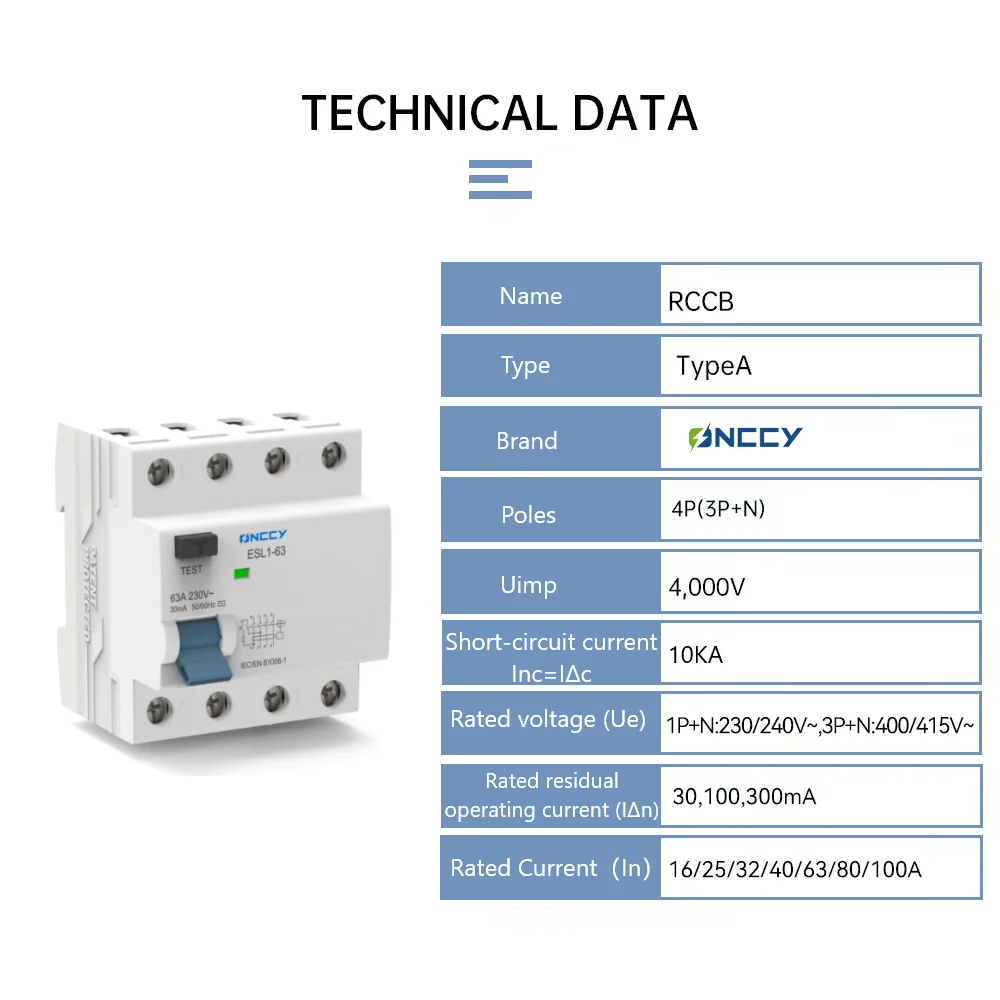 ONCCY RCD 2P 4P Residual Current Circuit Breaker 30mA 100mA 300mA Electromechanic RCCB Type A 40A 63A 80A100A Din Rail 220V 10KA