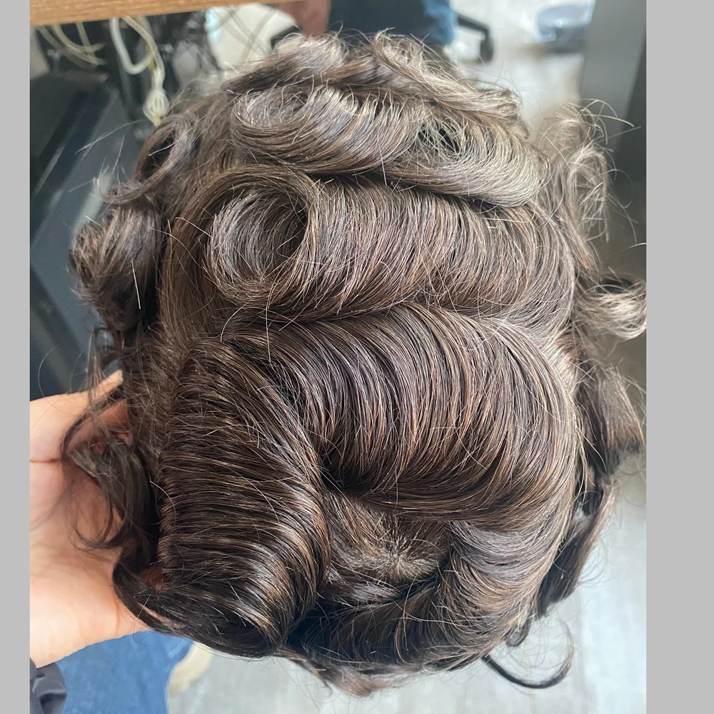 

Натуральный парик-накладка для мужчин с волнистыми волосами, имитирующий естественную линию роста волос, из натуральных человеческих волос, коричневый/блонд, с инжекционной технологией, на полиуретановой основе 0,1 мм, самый дешевый