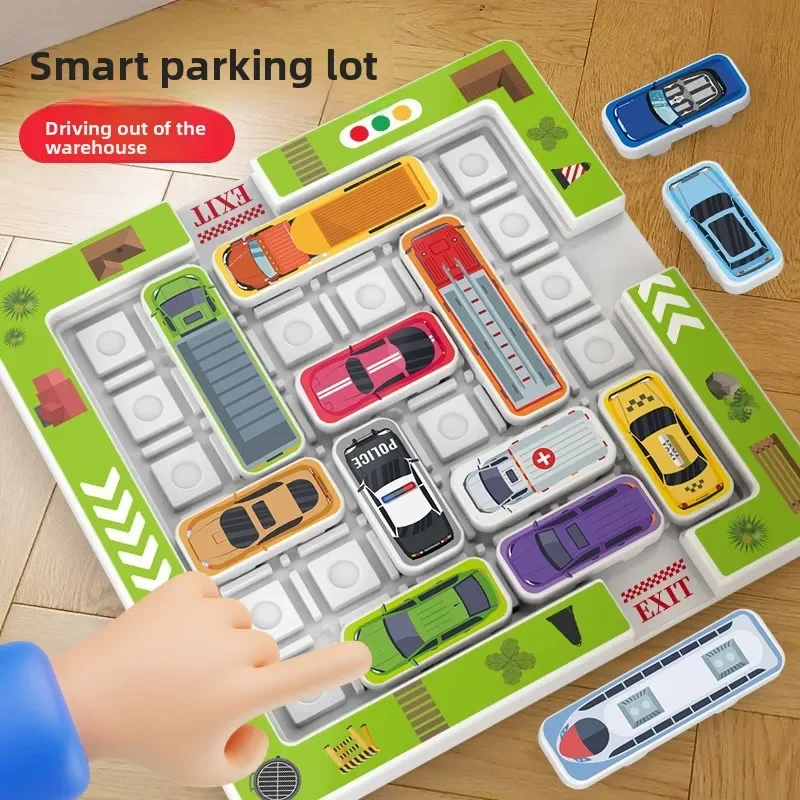 Children's educational puzzle game for logical thinking and concentration, parking lot with moving vehicles and maze toys