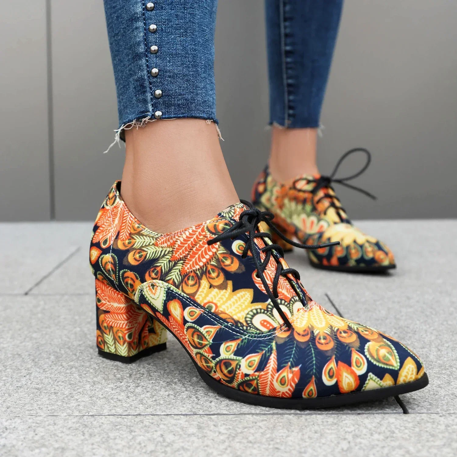 2024 New Spring Autumn Women Pumps Plus Size 35-43 Printing Flower Lace Up Thick Heel Loafers Sweet Academy Style Women Shoes