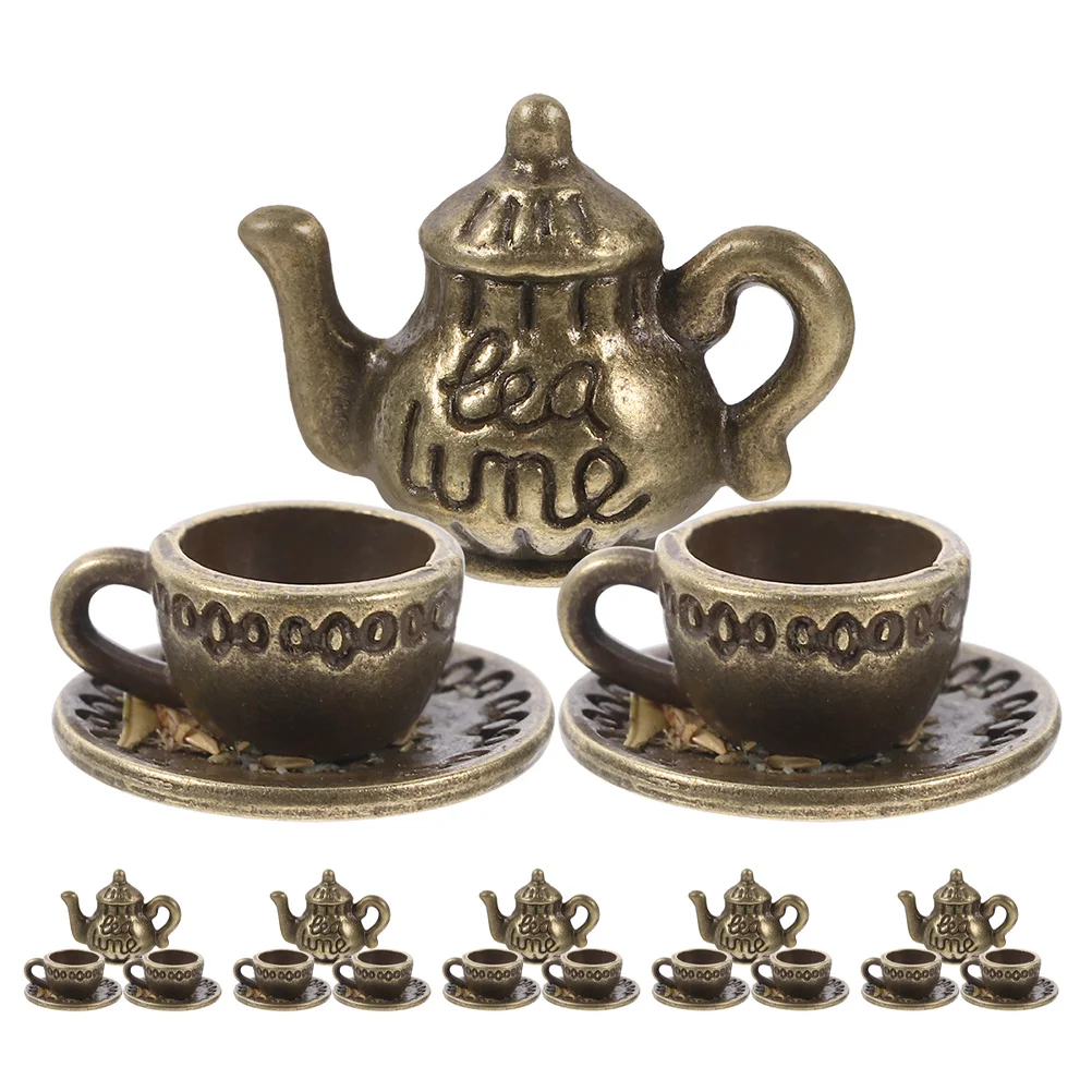 6 مجموعات أطقم شاي مصغرة خمر دمية معدنية اكسسوارات المطبخ مقهى إباريق الشاي أكواب صغيرة للتصوير الفوتوغرافي لعب الأدوار