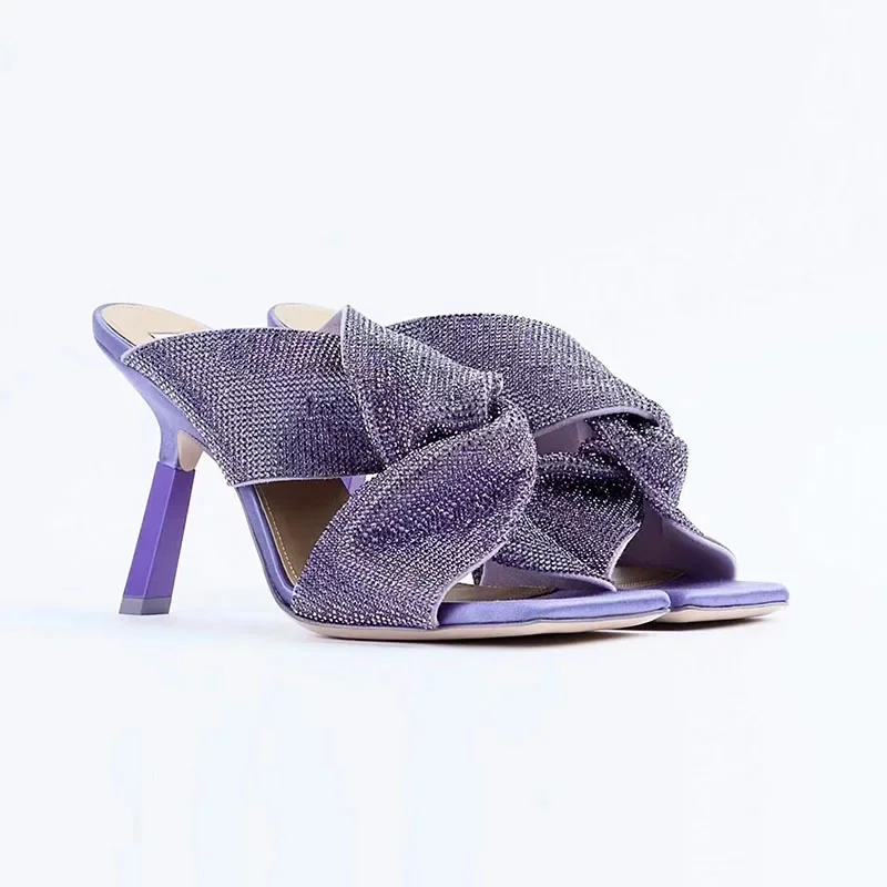 Purple Square Toe Sandals Open High Heels Frosted Velvet Slippers Drag Large Size Women Luxury Sandalias De Mujer Elegant Casual