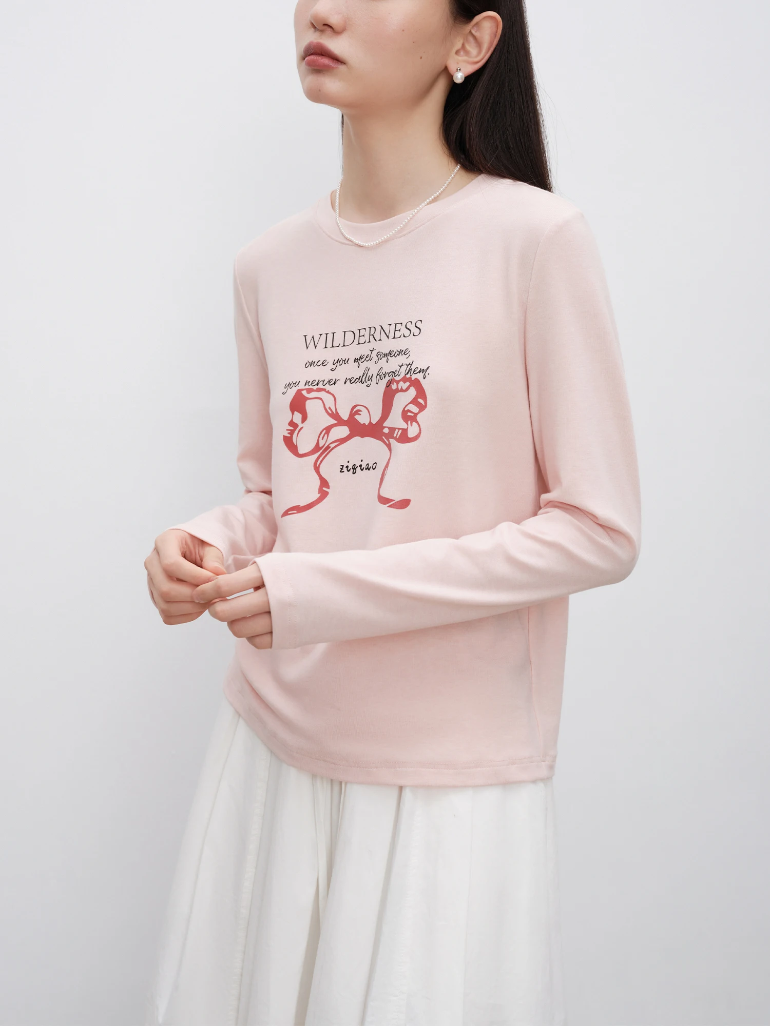 ZIQIAO 16.3% Wool Women Pink Long Sleeve Pullover Tops Autumn New Front Shoulder Female Round Neck Print Pullover 24ZQ93149