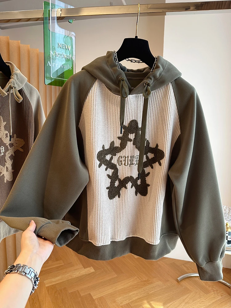 Moletom Extra Grande de 300 Pou com Bordado de Estrela de Cinco Pontas, Tricô, Solto, para Mulheres, Outono