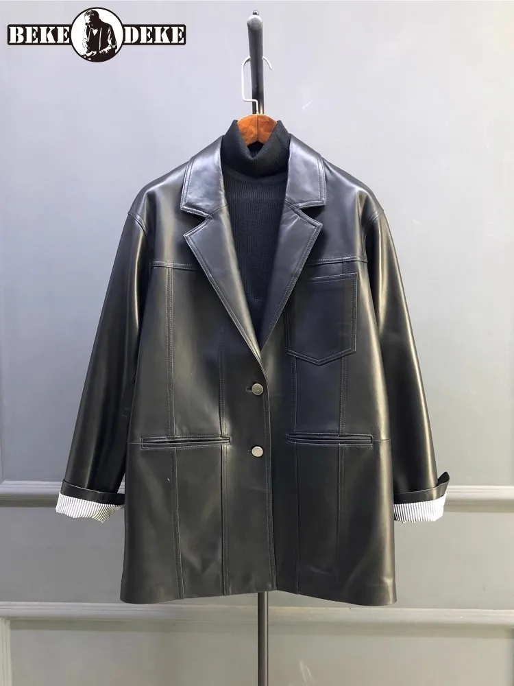 เสื้อสูทหนังแท้ทรงหลวมสไตล์ลำลองสำหรับผู้หญิง ดีไซน์เนอร์ออฟฟิศ กระดุมแถวเดียว ความยาวปานกลาง แฟชั่นเสื้อเบลเซอร์