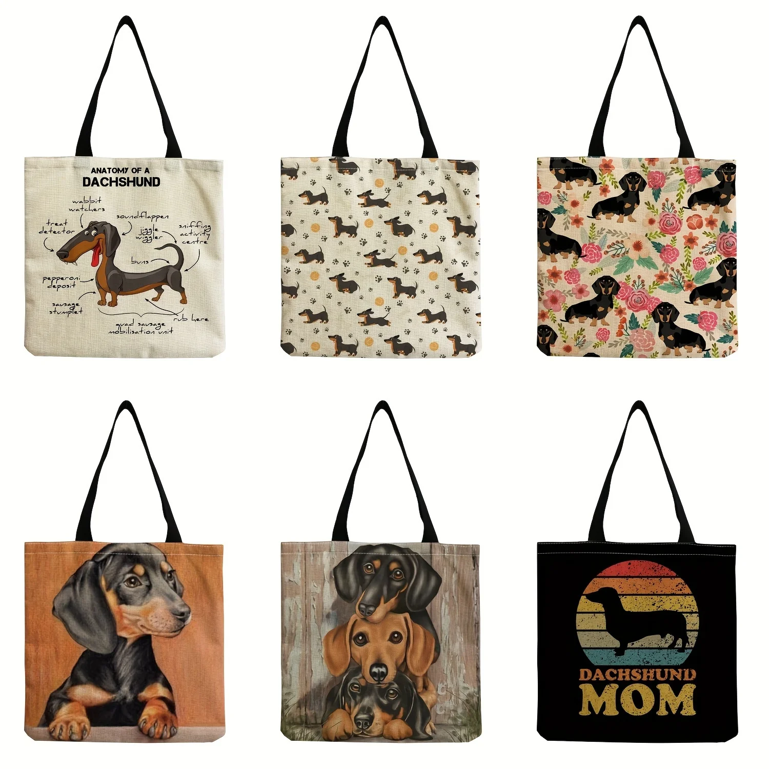 Cute Sausage Dog Print Tote Bag - Large Capacity Shoulder Bag for Commuting