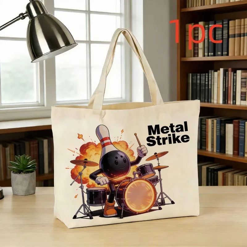 1pc Bowling Element Single-Shoulder Canvas Bag Music-Themed Daily Storage Bag Large-Capacity Tote