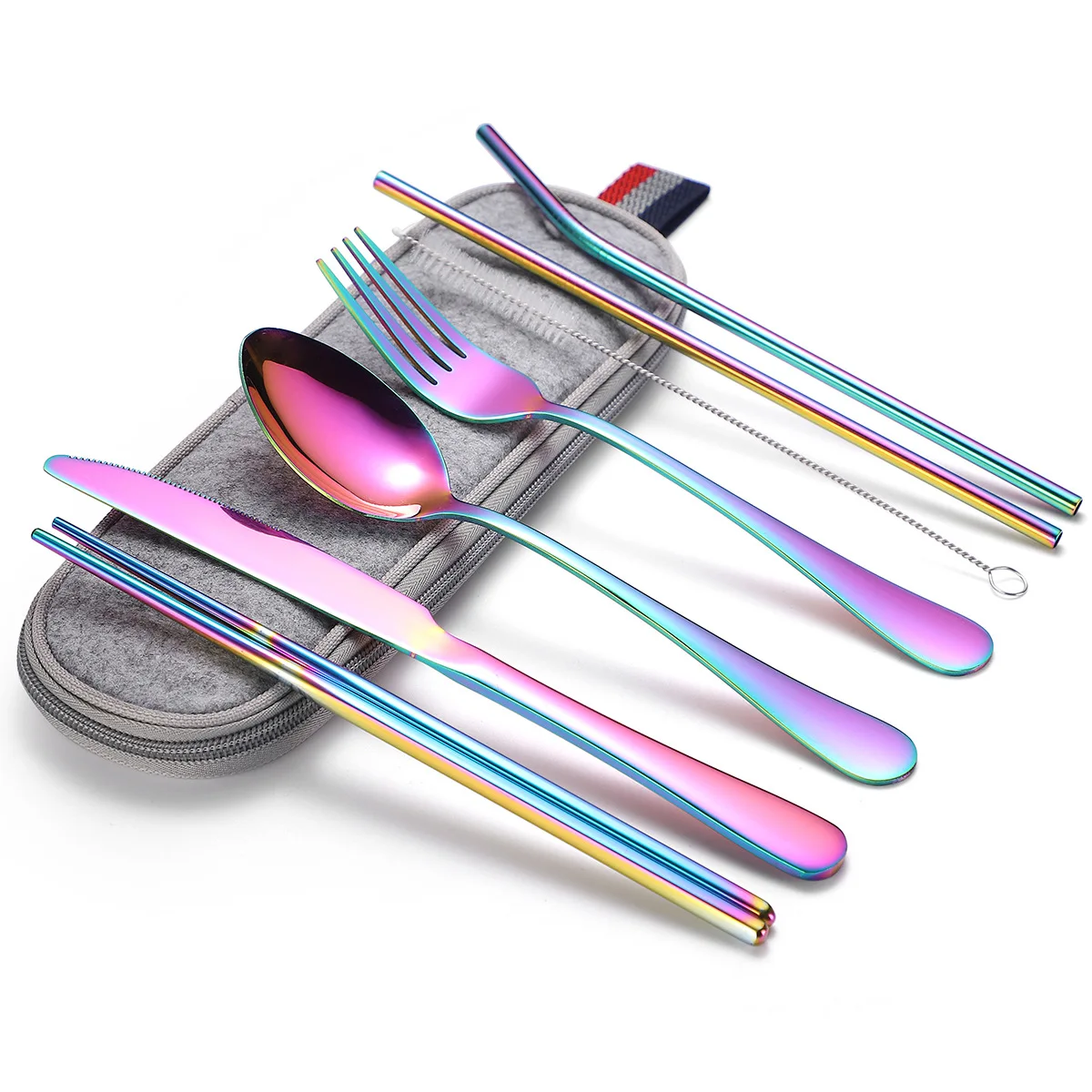 7pcs Stainless Steel Portable Tableware Set Knife Fork Spoon Chopsticks Straw and Brush Products Travel Cutlery Set