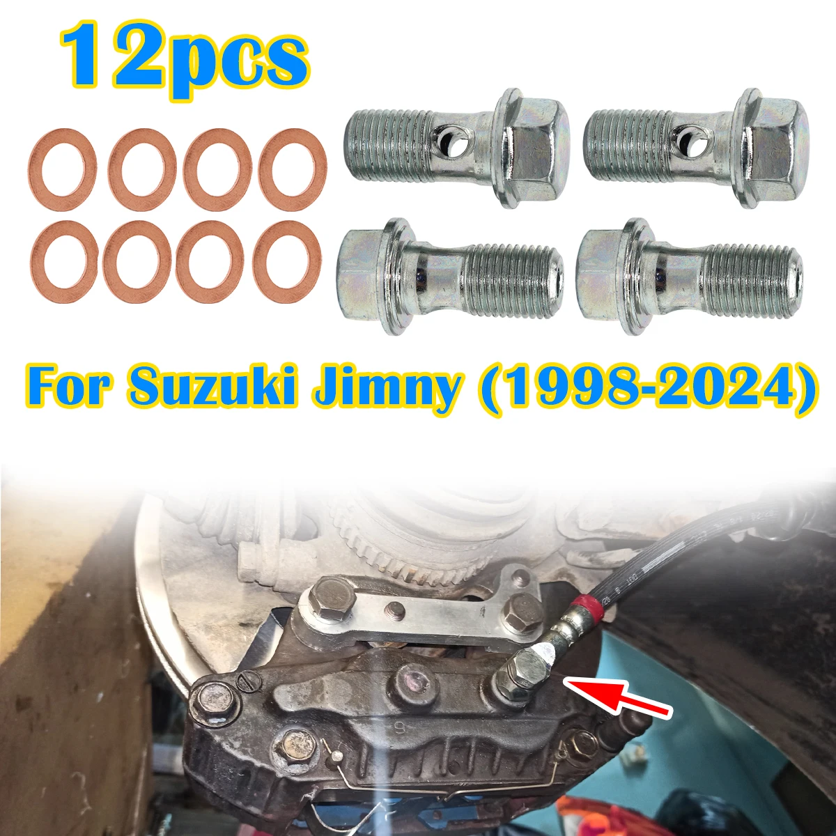 

12Pc Front Rear Left Right Caliper Hose Lines Banjo Fittings Bolt Copper Sealing Crush Washers Repair For Suzuki Jimny 1998-2024