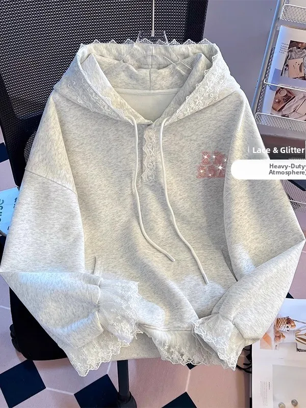

Korean Style Unique Beautiful Lace Trim Hoodie Women's Spring Autumn Loose High School Student Lazy Loose Outerwear