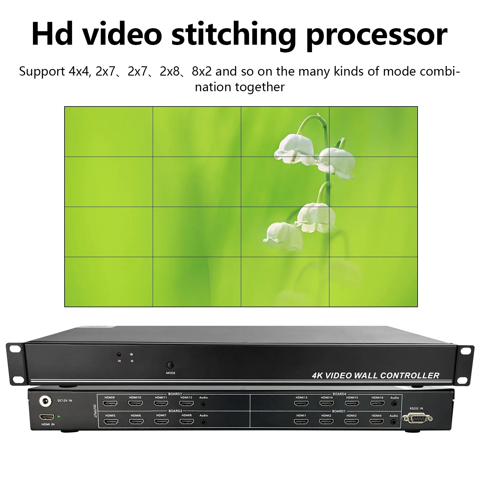 

4x4 Video Wall Controller HD Processor MultiScreen Stitching For HDMI 1920x1080P60Hz 1In 16Out TV Splicing Box Splicer 180° Flip