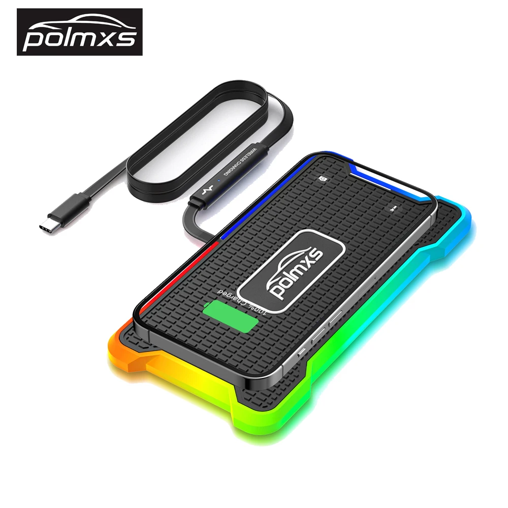 Polmxs 15W Wireless Charger Non-slip with RGB LED Light Type C Wireless Charging Pad for Car for iPhone 14/13/12 Samsung S23/S22