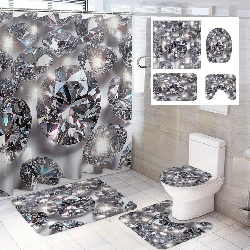 1/4pcs Diamond Pattern Printed Shower Curtain, Modern Decor, Polyester Set with 12 Hooks, Bathroom Non-Slip Fl