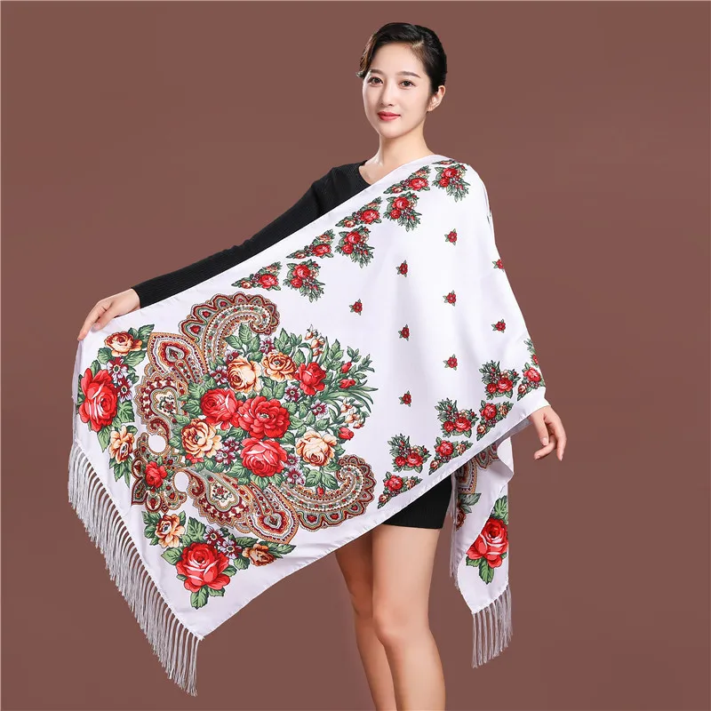 Russian Style Luxury Floral Printed Women Scarf Ethnic Fringed Shawl Babushka Hijab Head Wraps Lady Travel Sunshade Scarves