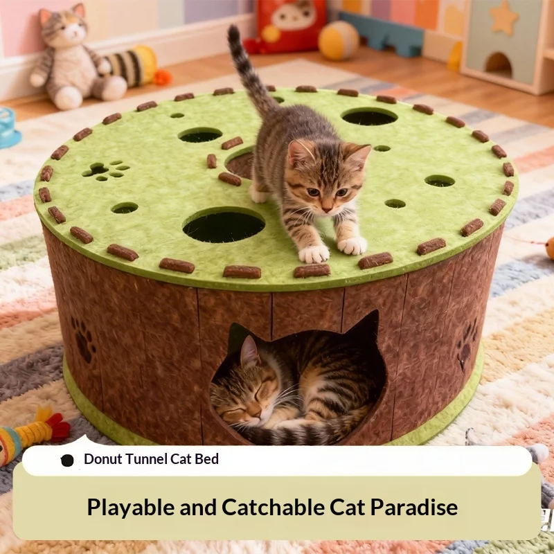 

Top All-Season Felt Cat Cave & Tunnel Toy, Donut-Shaped Hideaway, Washable Durable Non-Shedding Cat House for Indoor Cats