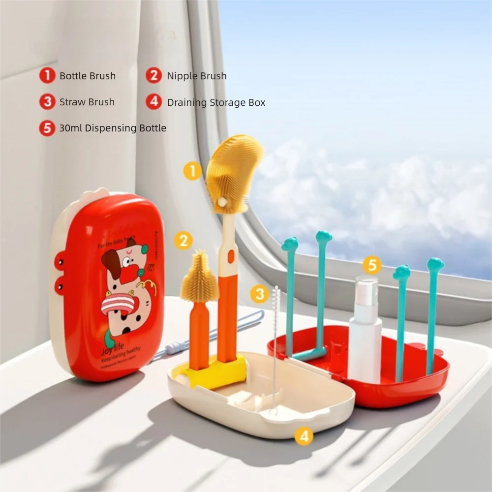

Portable Infant Bottle Brush Set Multifunctional Built-in Drain Rack Cleaning Brushes Multiple Use Washing Brush Travel