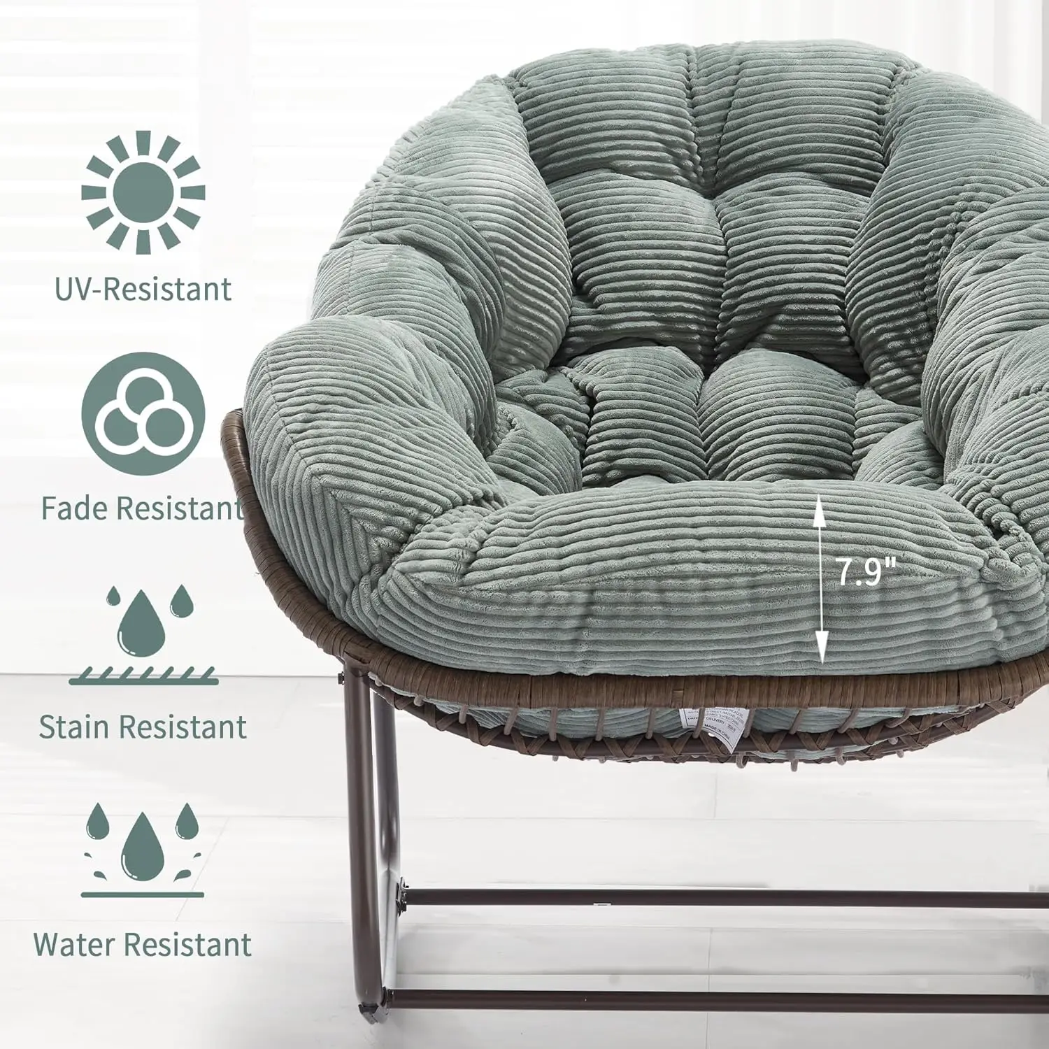 Outdoor Papasan Rocking Chair - Oversized Comfy Patio Chair, Green Egg Rattan Rocker with Velvet Cushion for Porch, Lawn, Living