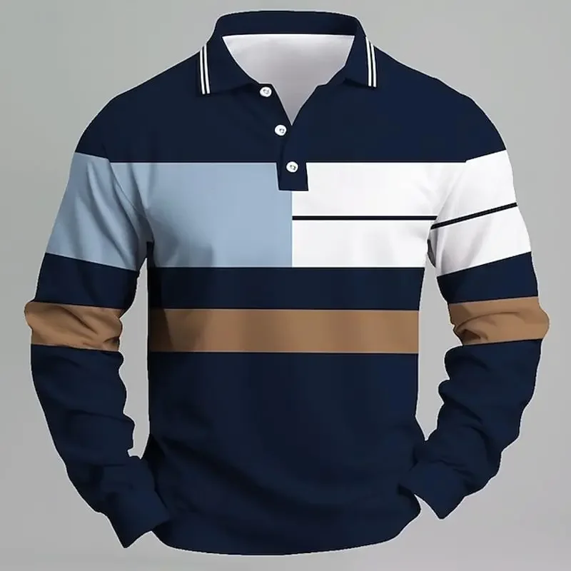 Men's Long-sleeved Spring and Autumn Lapel Top Contrasting Colors Casual Loose Summer Fashion Polo Business Style