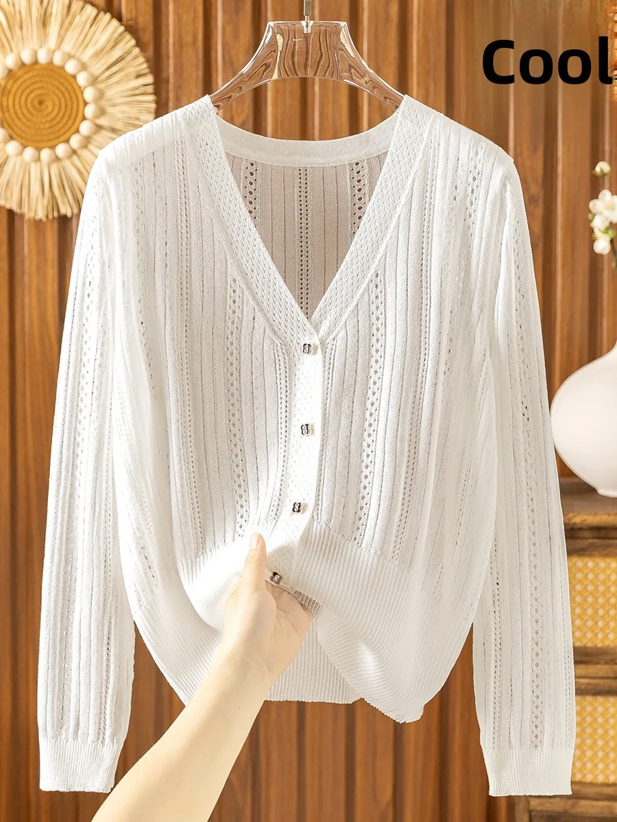 Cienka dzianinowa bluzka z jedwabiu lodowego damska letnia z dekoltem w serek chroniąca przed słońcem długi rękaw klimatyzacja lub otwarty kardigan odzież wierzchnia Hollo...
