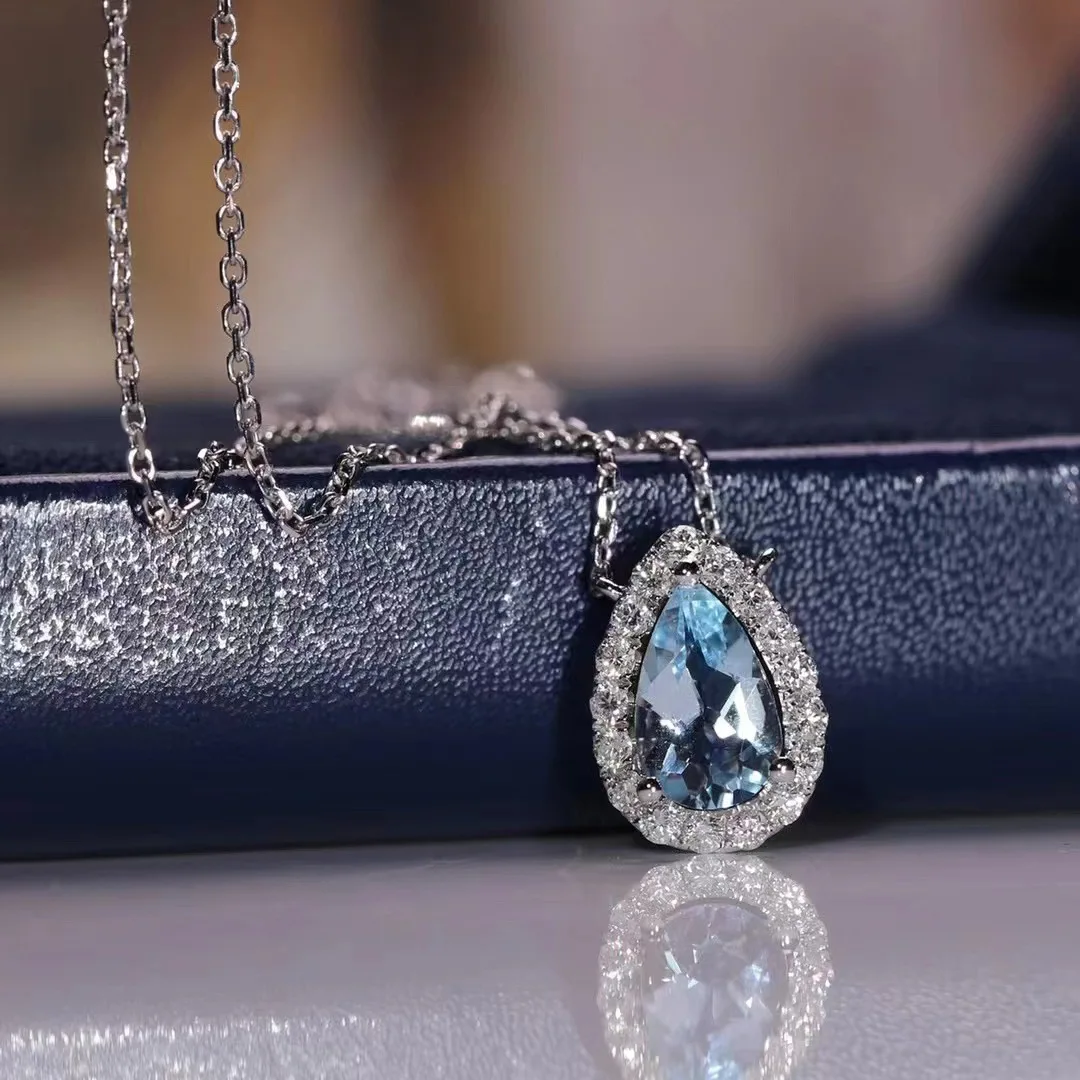 Fresh and sparkling silver 925 aquamarine necklace for women elegant light blue water drop pendant collar chain wedding jewelry