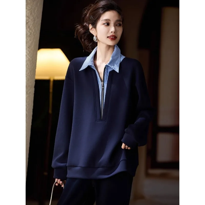 

Осенне-зимний корейский стиль, искусственный двухсекционный топ с воротником-поло, модная и стильная толстовка средней длины для женщин