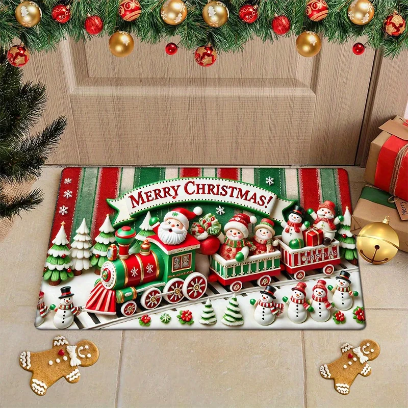 Christmas Train Flannel Door Mat Carpet, Santa Snowmen Merry Christmas Print Non-Slip  for Kitchen Living Room Decor