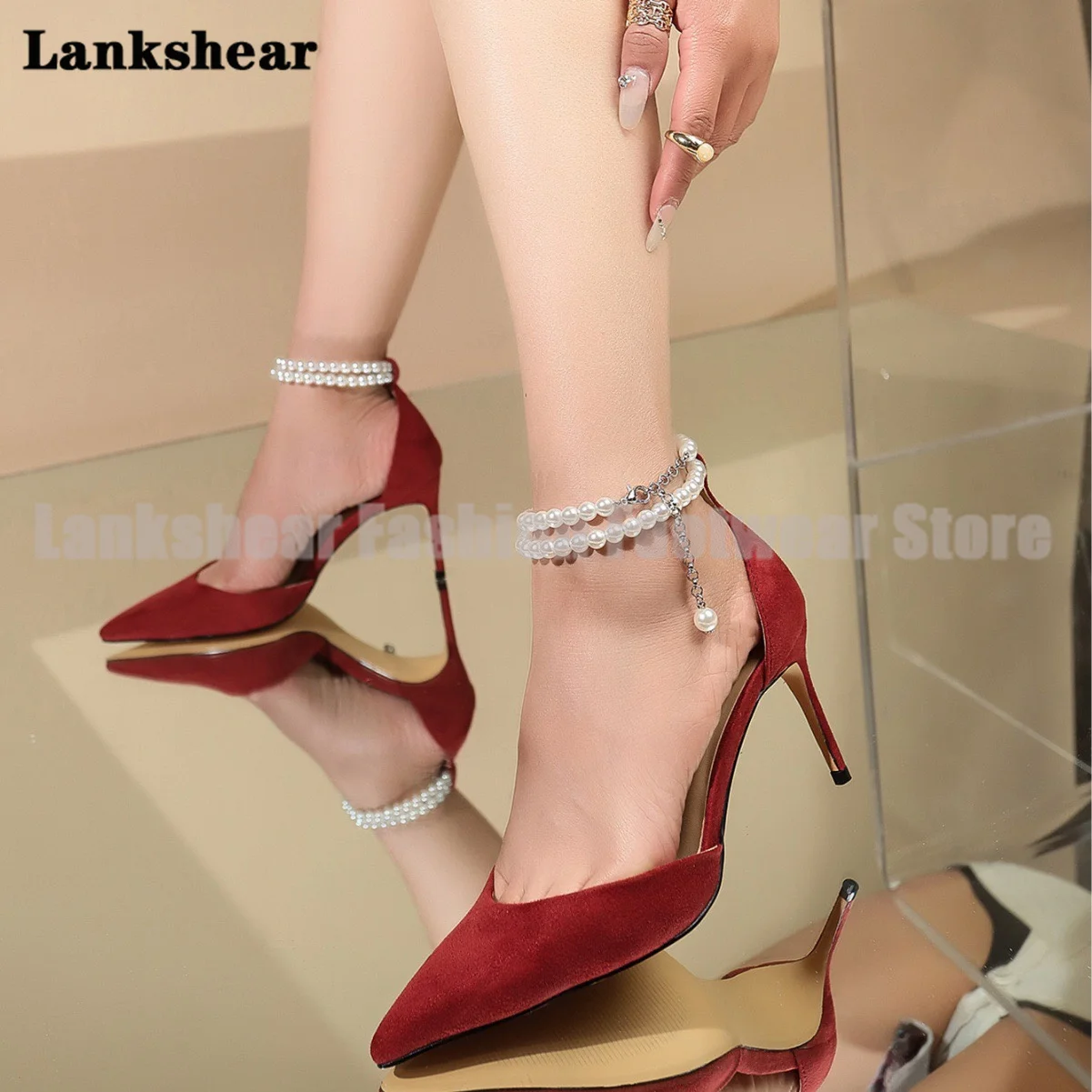 

Red Suede Pearl Chain Sandals Pointy Toe Stiletto Heel Shallow Mouth Women Shoes Summer Wedding Heels Sandalias De Mujer Verano