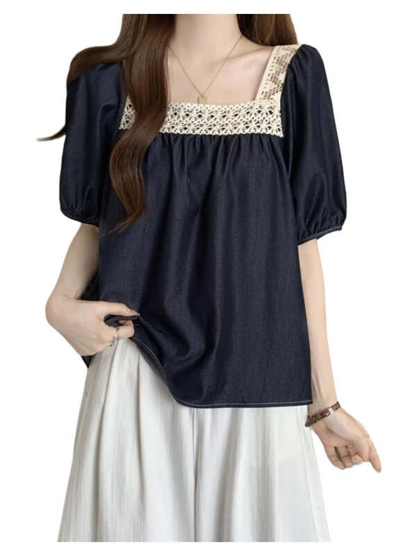 Csa Fena Plus Size de Verão com Gola Quadrada e Detalhes em Renda, Estilo Coreano, Manga Bufante, Caimento Solto e Efe...