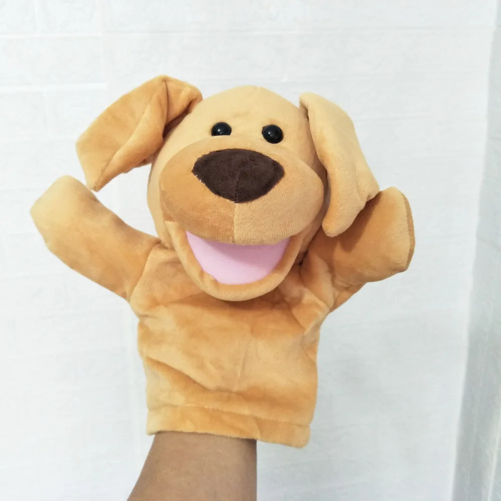 Open mond gele glimlach hond handpop knuffel gevuld cadeau voor kinderen verlichting onderwijs