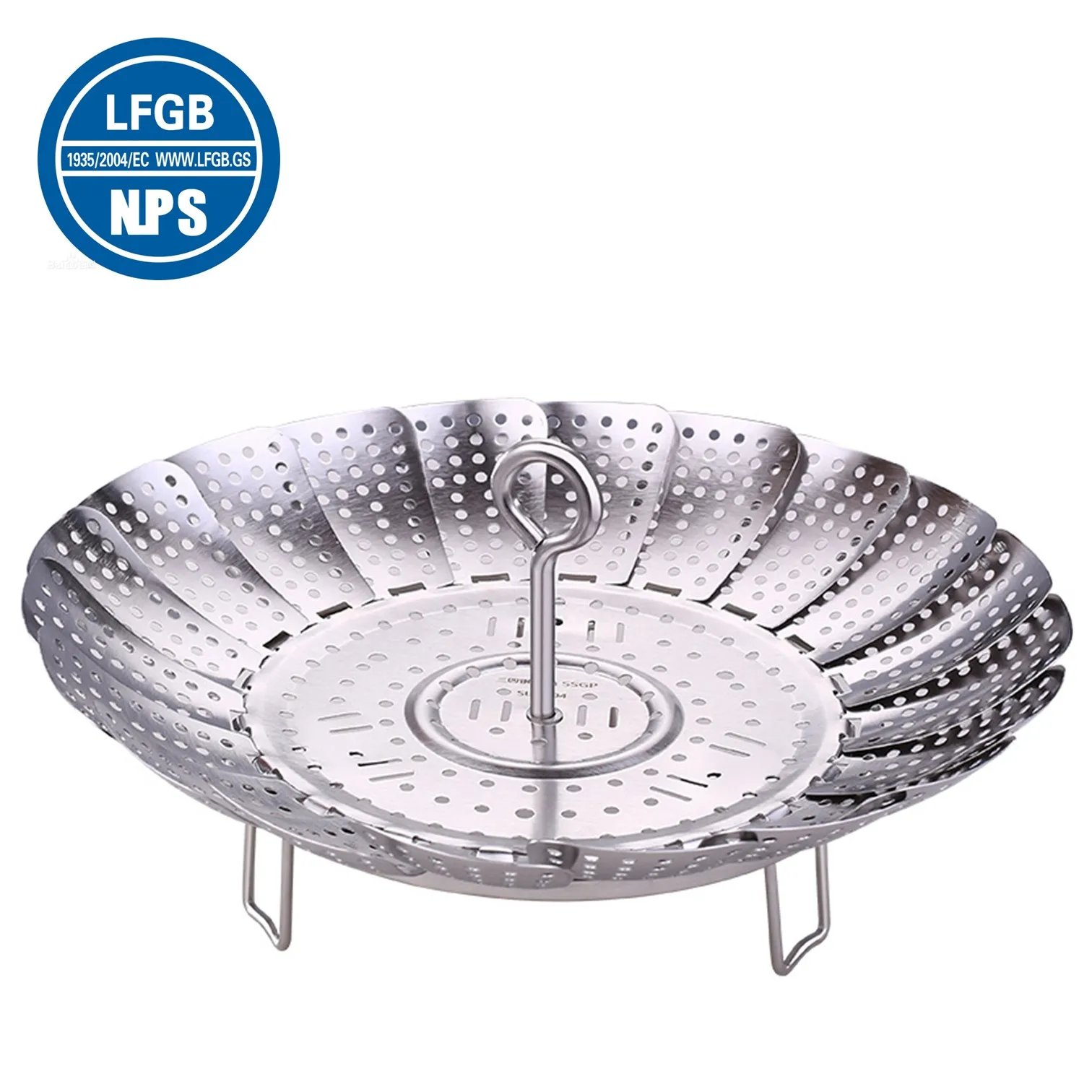 

LFGB Certificated 304 Stainless Steel Steamer Foldable Food Steaming Rack with 4cm Height Stand and 3mm Holes Magic Steam Tray