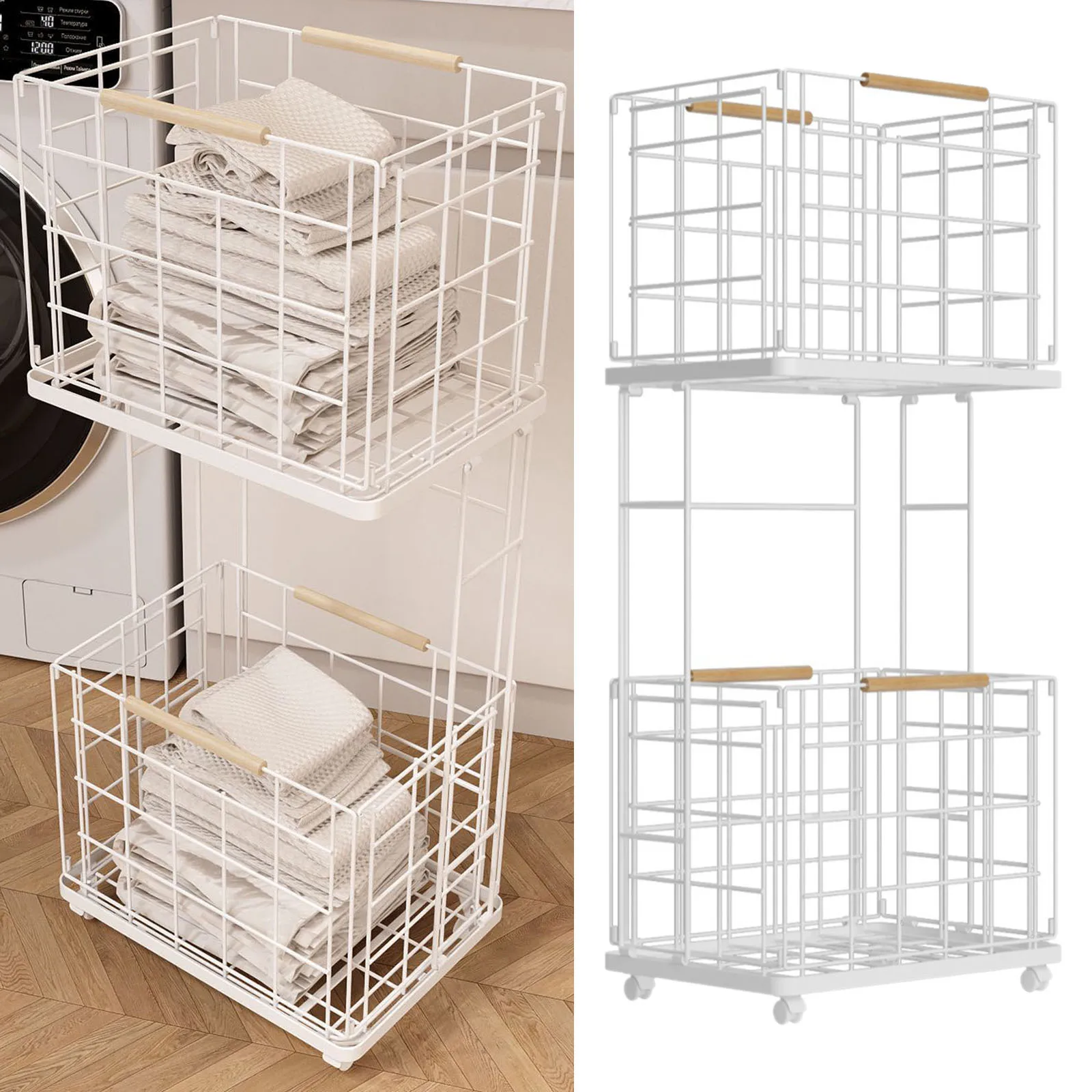 

2 Tier Storage Cart Removable Large Capacity Laundry Clothes Basket Storage Rack for Home Household Laundry Bathrooom Farmhouse