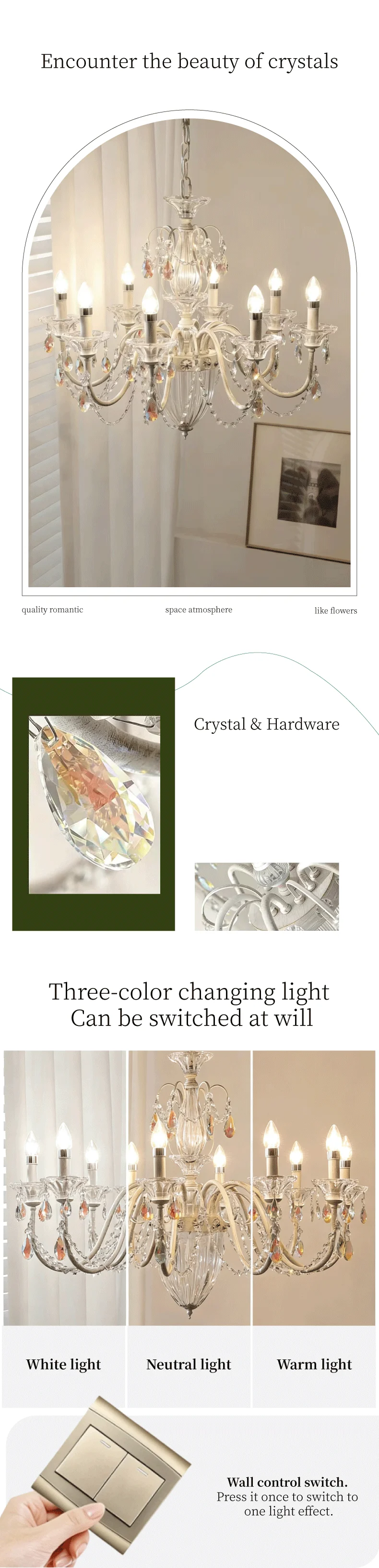 White Candle E14 LED Chandelier French Romantic Crystals