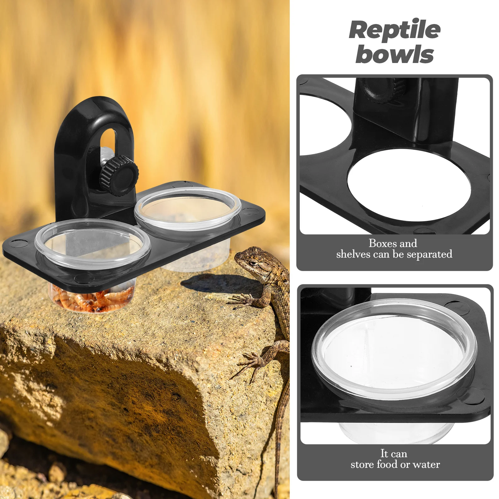 

Reptile Food Bowl Water Dish Feeder Container Durable Wall Mounted Separate Shelves Easy Glass Tank