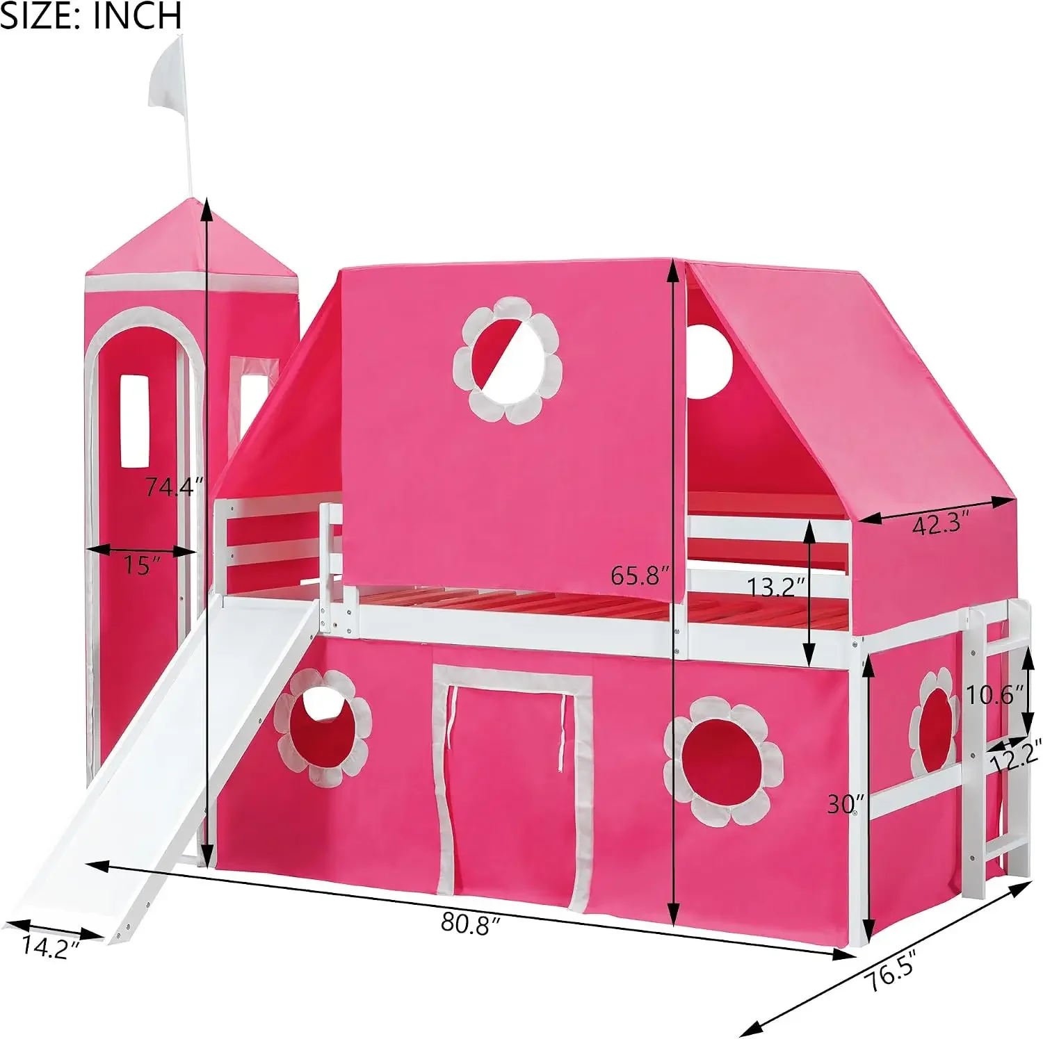 USA Stock Castle Loft Bed with Slide & Tent and Tower, Playhouse Design Spacious Under Bed Space with Curtains, Wood Tent Bed Fr