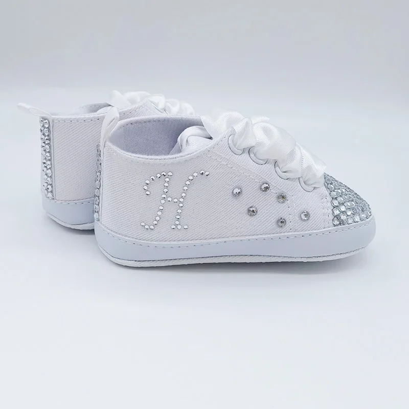 Initials Diamond Custom Design Baby Toddler Shoes Full White Christening Infants Baby Shoes Newborn First Walkers Lace-up