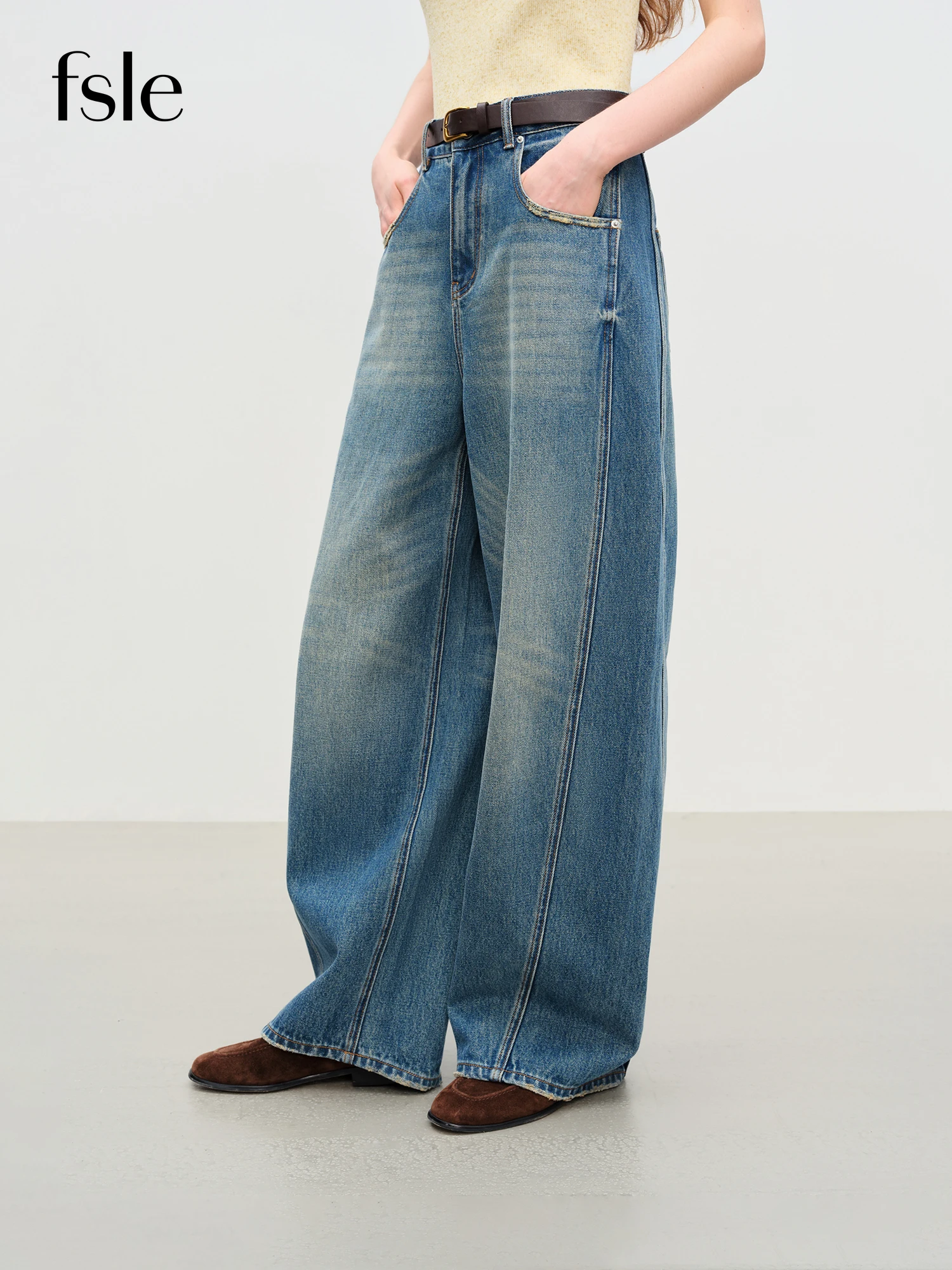 FSLE【Premium Series】New Women Retro Loose Flare Jeans High Waist Vintage Denim Pants Autumn Wide Leg Y2K Streetwear With Belt