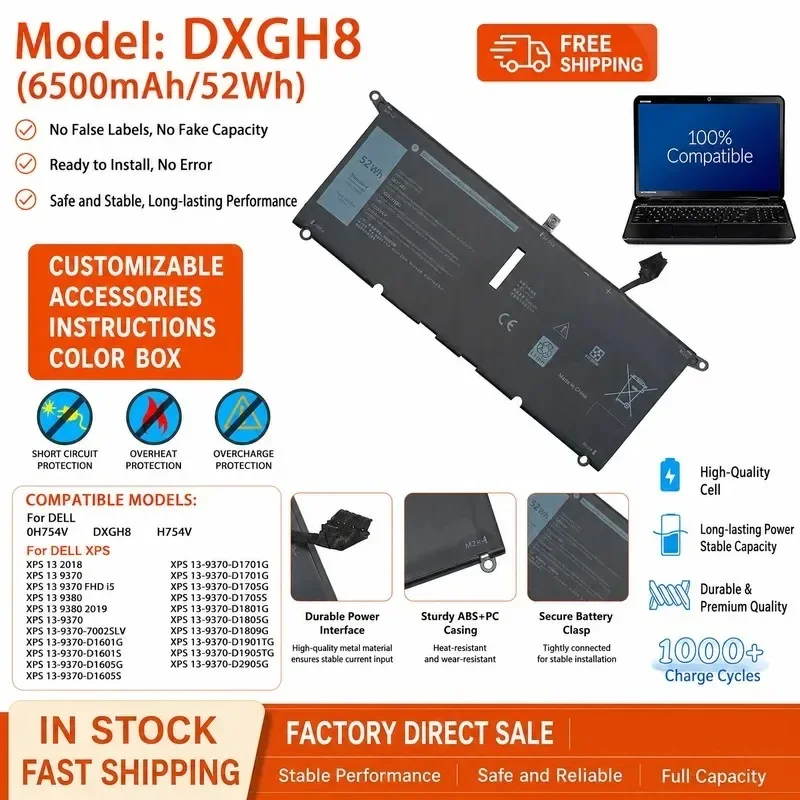[NEW] 7.6V 52Wh Laptop Battery DXGH8 HK6N5 for Dell for XPS13 9370 9380 for Inspiron 5390 Battery