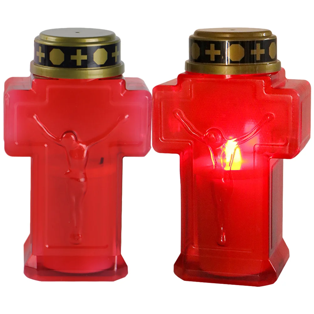 2 Pcs Electronic Taper Candles Lamps Cross Jesus Light Religious LED Prayer Plastic Lights
