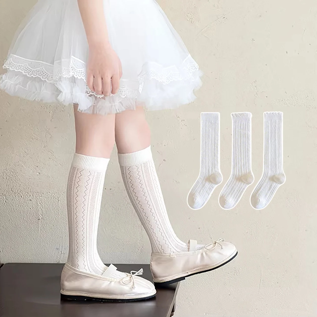 3Pairs White Lace Ruffle Stockings Princess Girl Summer Mesh Sock Thin Breathable Kids Long Socks 3-12Year Children Calf Socks