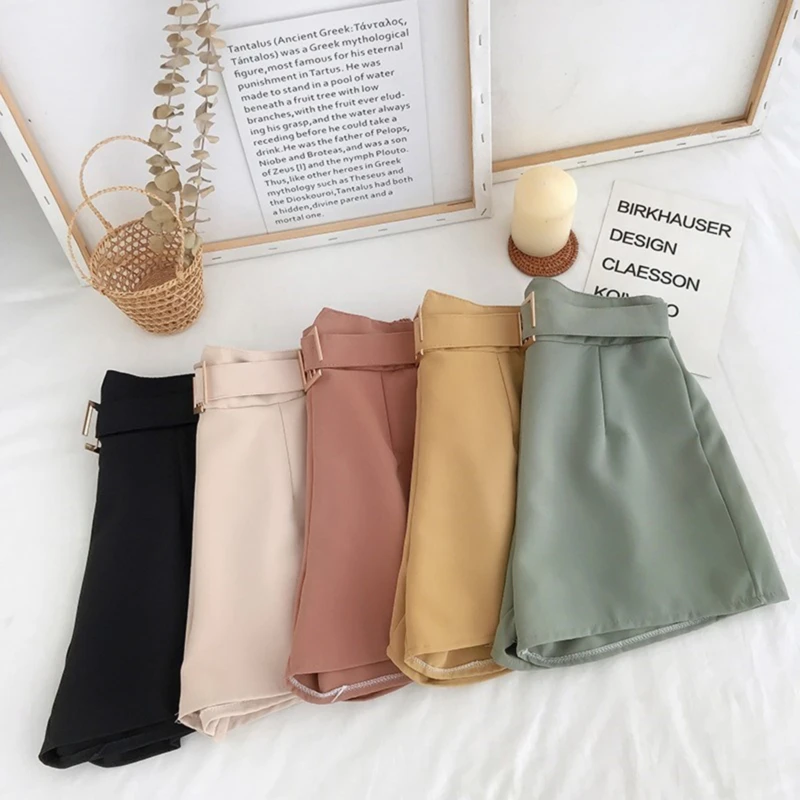 Office Elastic High Waist Shorts Women A-line Short With Belt Wide Leg Loose Short Pants Summer 2023 Harajuku Korean Feminino