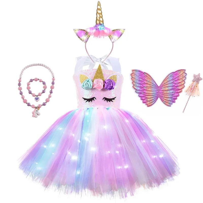 Christmas Girls Unicorn Mermaid Costume with LED Light Tutu Dress with Wings Kids Ballet Ball Cosplay for Birthday Party