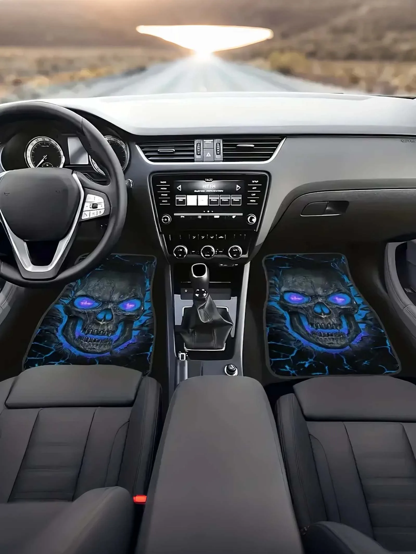 Skull Pattern 4-Piece Car Floor Mat Set - Made of Non-Slip and Water-Absorbent Polyester Material, Suitable for All Vehicle Mode