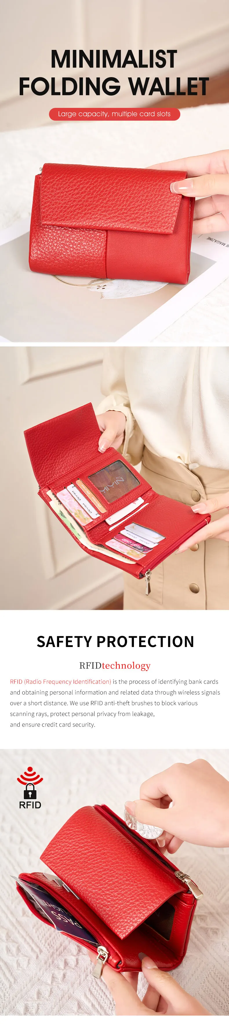 RFID-geschützte Damen-Geldbörse, stilvolle zweifach faltbare Geldbörse mit großer Kapazität, Kreditkartenhalter, Münzbörse, Doppelreißverschluss, Damen-Handtasche – Detail 1